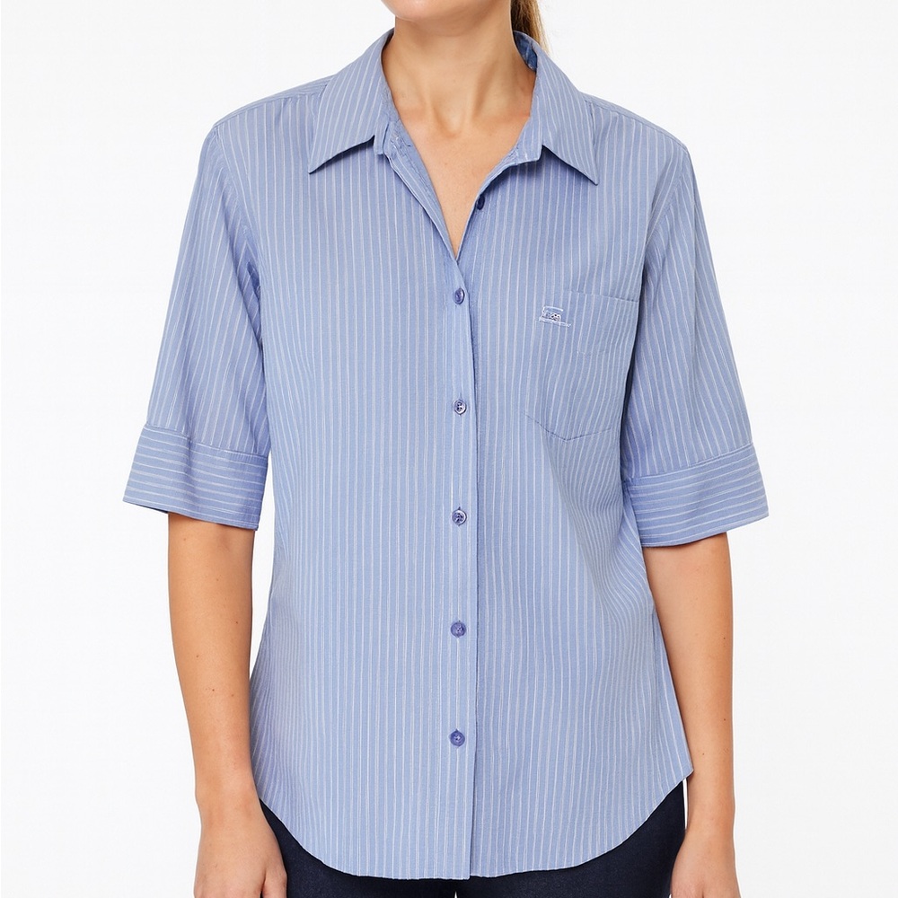 Escada Sport Blue Striped Button Down Shirt Size 40 Logo Chest Pocket Preppy